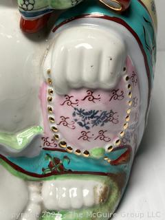 Chinese Porcelain Laughing Buddha With Five Children Statue.  12" tall