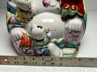 Chinese Porcelain Laughing Buddha With Five Children Statue.  12" tall