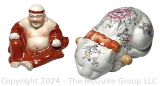 Chinoiserie Asian Porcelain Sleeping Cat Figurine & Sitting Laughing Buddha Altar Statue 