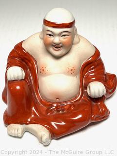 Chinoiserie Asian Porcelain Sleeping Cat Figurine & Sitting Laughing Buddha Altar Statue 