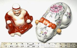 Chinoiserie Asian Porcelain Sleeping Cat Figurine & Sitting Laughing Buddha Altar Statue 