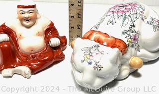 Chinoiserie Asian Porcelain Sleeping Cat Figurine & Sitting Laughing Buddha Altar Statue 