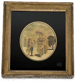 Framed Under Glass 18th Century Circular Silk Embroidery Needlework Picture of Flower Seller. 12" x 14" 