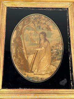 Framed Under Glass 18th Century Circular Silk Embroidery Needlework Picture of Harp Player. 12" x 14" 