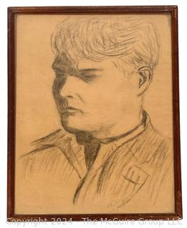 Framed Under Glass Charcoal on Paper Portrait of Young Man, Signed by Artist, 1925.  9" x 12"