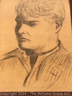 Framed Under Glass Charcoal on Paper Portrait of Young Man, Signed by Artist, 1925.  9" x 12"