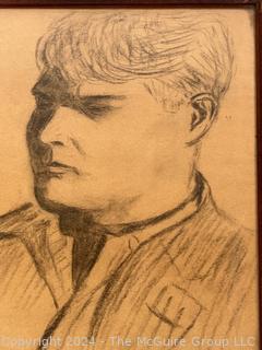 Framed Under Glass Charcoal on Paper Portrait of Young Man, Signed by Artist, 1925.  9" x 12"