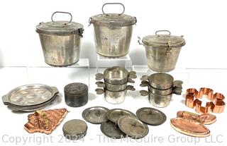 Group of Kitchen Pans Including Steamed Pudding Molds, Metal Egg Poacher Tray, Copper Cookie Cutters and Charlotte Molds 