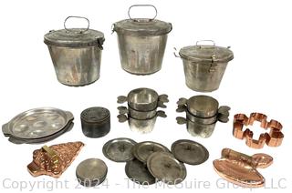 Group of Kitchen Pans Including Steamed Pudding Molds, Metal Egg Poacher Tray, Copper Cookie Cutters and Charlotte Molds 