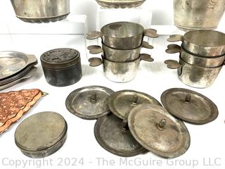 Group of Kitchen Pans Including Steamed Pudding Molds, Metal Egg Poacher Tray, Copper Cookie Cutters and Charlotte Molds 