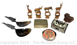 Carved African Napkin Rings, Carved Horn Serving Spoons, Inlaid and Silver Plated Box, Glass Paperweight and Chinese Pottery Foo Dog Figurine.