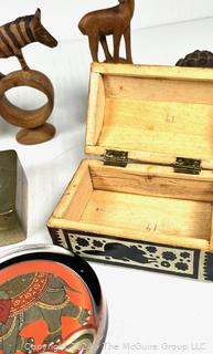 Carved African Napkin Rings, Carved Horn Serving Spoons, Inlaid and Silver Plated Box, Glass Paperweight and Chinese Pottery Foo Dog Figurine.