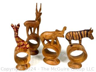 Carved African Napkin Rings, Carved Horn Serving Spoons, Inlaid and Silver Plated Box, Glass Paperweight and Chinese Pottery Foo Dog Figurine.