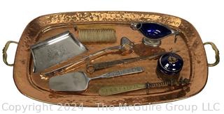 Hammered Copper Serving Tray with Silver Plate Utensils