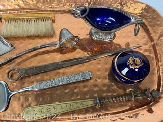 Hammered Copper Serving Tray with Silver Plate Utensils