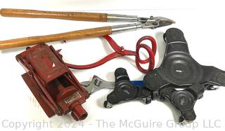 Tools Including Lopping Shears, Scissor Jack (no handle), Ice Tongs, Large Crescent Wrench & 3-Wheel Dollys