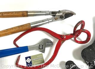 Tools Including Lopping Shears, Scissor Jack (no handle), Ice Tongs, Large Crescent Wrench & 3-Wheel Dollys