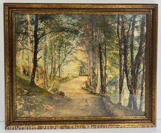 Framed Under Glass Hand Colored Print of a Country Lane by Wallace Nutting.  18" x 22"  