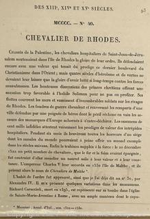 Framed Under Glass Color Lithograph Titled ‘Chevalier de Rhodes' from "Costumes Historiques de Femmes du XIII, XIV et XV siècle" by C. Bonnard. Published 1860. 13 x 15"