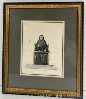 Framed Under Glass Colored Lithograph Hooded Clergyman from "Costumes Historiques de Femmes du XIII, XIV et XV siècle" by C. Bonnard. Published 1860. 