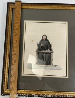 Framed Under Glass Colored Lithograph Hooded Clergyman from "Costumes Historiques de Femmes du XIII, XIV et XV siècle" by C. Bonnard. Published 1860. 