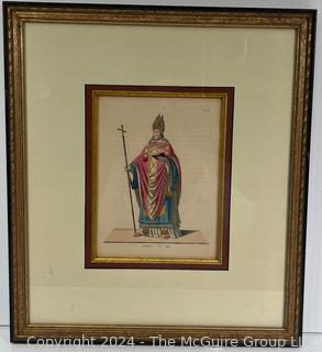 Framed Under Glass Colored Lithograph Archbishop from "Costumes Historiques de Femmes du XIII, XIV et XV siècle" by C. Bonnard. Published 1860. 15 x 17"