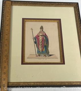 Framed Under Glass Colored Lithograph Archbishop from "Costumes Historiques de Femmes du XIII, XIV et XV siècle" by C. Bonnard. Published 1860. 15 x 17"