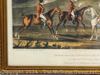 Framed Under Glass Aquatint Lithograph Titled The Rendezvous of the Smoking Hunt at Braunstone by Charles Loraine Smith, English 1826. 12 x 13"