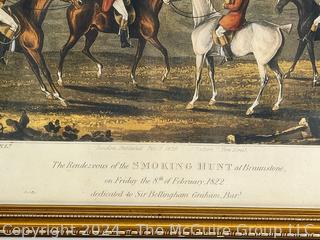 Framed Under Glass Aquatint Lithograph Titled The Rendezvous of the Smoking Hunt at Braunstone by Charles Loraine Smith, English 1826. 12 x 13"