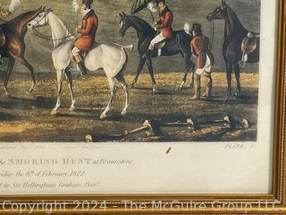 Framed Under Glass Aquatint Lithograph Titled The Rendezvous of the Smoking Hunt at Braunstone by Charles Loraine Smith, English 1826. 12 x 13"