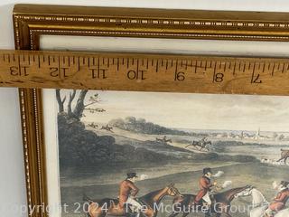 Framed Under Glass Aquatint Lithograph Titled The Rendezvous of the Smoking Hunt at Braunstone by Charles Loraine Smith, English 1826. 12 x 13"