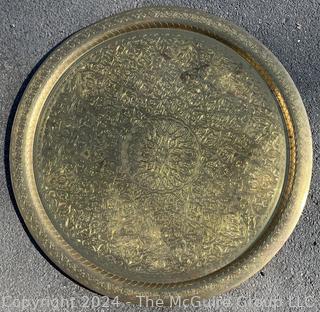 Large Etched Moroccan Brass Serving Tray Platter.  40" diameter.