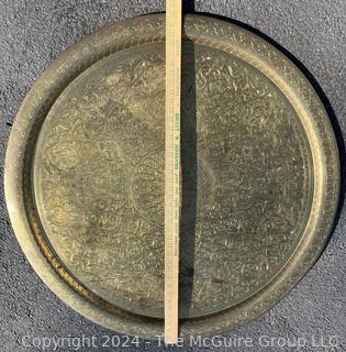 Large Etched Moroccan Brass Serving Tray Platter.  40" diameter.