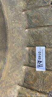 Large Etched Moroccan Brass Serving Tray with Fluted Edge on Wood Folding Base. 40" diameter.