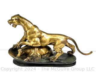 Art Deco Cast Bronze Patinated Panther Hunting Statue Unsigned  27" x 17" x 8".