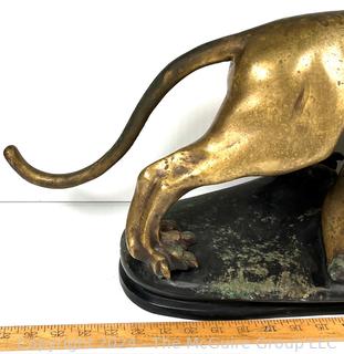 Art Deco Cast Bronze Patinated Panther Hunting Statue Unsigned  27" x 17" x 8".