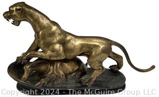 Art Deco Cast Bronze Patinated Panther Hunting Statue Unsigned  27" x 17" x 8".