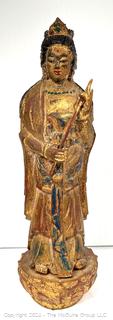 Chinese Gilt Wood Carved Figure of Guanyin the Goddess of Mercy Holding a Lotus Flower.  12" Tall