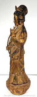 Chinese Gilt Wood Carved Figure of Guanyin the Goddess of Mercy Holding a Lotus Flower.  12" Tall