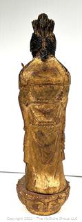 Chinese Gilt Wood Carved Figure of Guanyin the Goddess of Mercy Holding a Lotus Flower.  12" Tall