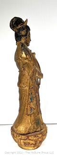 Chinese Gilt Wood Carved Figure of Guanyin the Goddess of Mercy Holding a Lotus Flower.  12" Tall