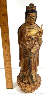 Chinese Gilt Wood Carved Figure of Guanyin the Goddess of Mercy Holding a Lotus Flower.  12" Tall