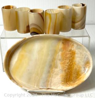 Alabaster Marble Drink Set Including Tray and Six (6) Tumbler.  