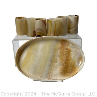 Alabaster Marble Drink Set Including Tray and Six (6) Tumbler.  