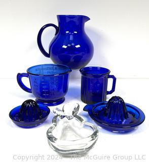 Group of Glassware Including Five (5) Cobalt Glass Kitchen Items and Clear Glass Pear Dish