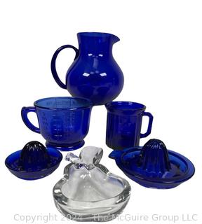 Group of Glassware Including Five (5) Cobalt Glass Kitchen Items and Clear Glass Pear Dish