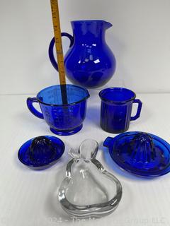 Group of Glassware Including Five (5) Cobalt Glass Kitchen Items and Clear Glass Pear Dish