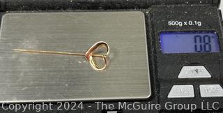 14kt Yellow Gold Open Heart Stick Pin.  0.8 grams