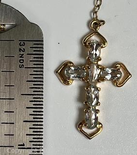 Sterling Silver With Gold Plate Crystal Cross Pendant Necklace. 