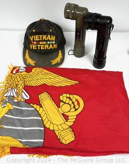 Vietnam Veteran's Collection Including Cap, Two Military Flashlights and Marine Corp Flag